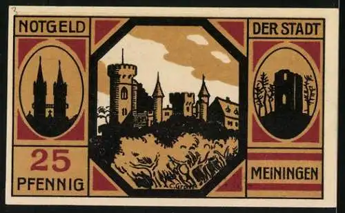 Notgeld Meiningen 1920, 25 Pfennig, Stadtansichten mit Burg und Türmen, Seriennummer 51179