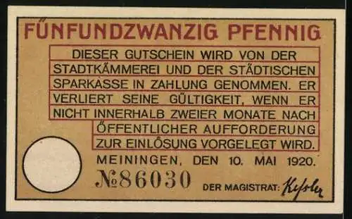 Notgeld Meiningen, 1920, 25 Pfennig, Stadtansicht mit Burgtürmen und Stadtmauern, Gültigkeitshinweis