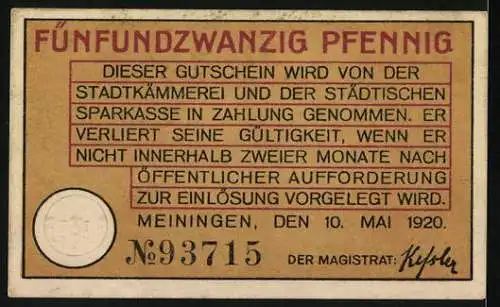 Notgeld Meiningen, 1920, 25 Pfennig, Gutschein der Stadtkämmerei und Sparkasse, Stadtansicht und Türme