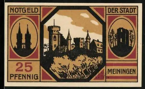 Notgeld Meiningen 1920, 25 Pfennig, Stadtansicht mit Burgen und Türmen