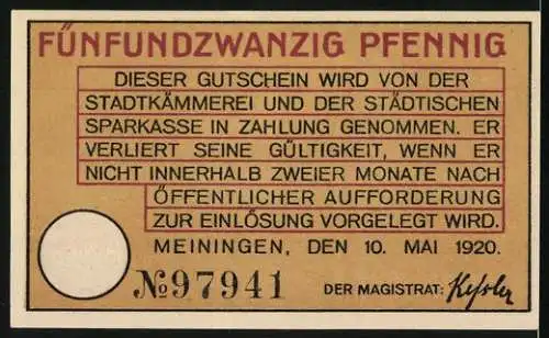 Notgeld Meiningen 1920, 25 Pfennig, Stadtansicht mit Burgen und Türmen