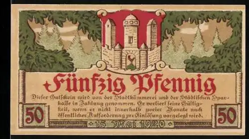 Notgeld Meiningen, 1920, 50 Pfennig, Stadtbild und Wappen, Seriennummer 70080