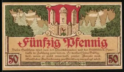 Notgeld Meiningen, 1920, 50 Pfennig, Stadtwappen und Stadtkammer mit Lorbeerkranz und Gebäudeabbildung