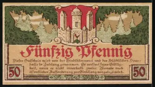 Notgeld Meiningen, 1920, 50 Pfennig, Gebäude und Burgansicht, Seriennummer 99538