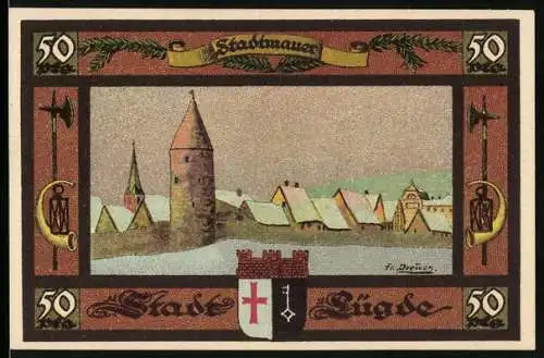 Notgeld Lügde, 1921, 50 Pfennig, Stadtmauer und Stadtwappen, Seriennummer 080713