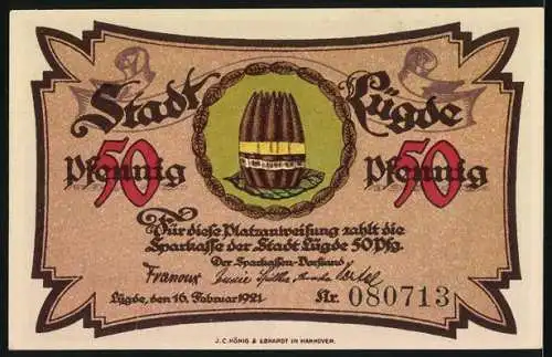 Notgeld Lügde, 1921, 50 Pfennig, Stadtmauer und Stadtwappen, Seriennummer 080713