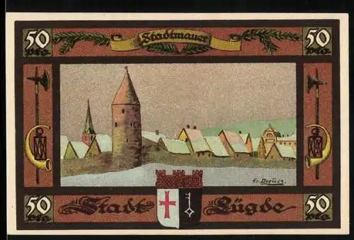 Notgeld Lügde, 1921, 50 Pfennig, Darstellung der Stadtmauer und Stadtwappen