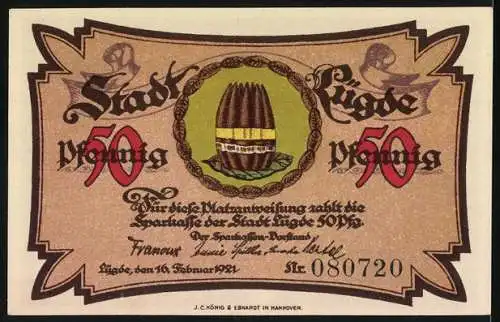 Notgeld Lügde, 1921, 50 Pfennig, Darstellung der Stadtmauer und Stadtwappen