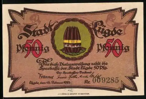 Notgeld Lügde 1921, 50 Pfennig, Stadtwappen und Stadtmauer