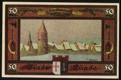 Notgeld Lügde 1921, 50 Pfennig, Stadtwappen und Stadtmauer