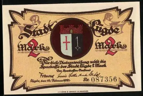 Notgeld Lügde 1921, 2 Mark, St. Kilianskirche und Stadtwappen, Seriennummer 087356