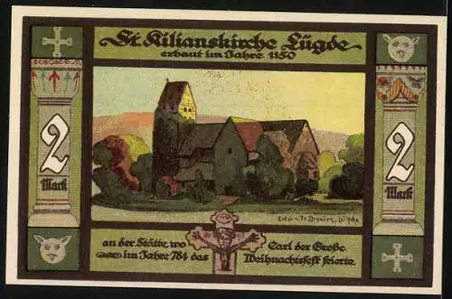 Notgeld Lügde 1921, 2 Mark, St. Kilianskirche und Stadtwappen, Seriennummer 087356