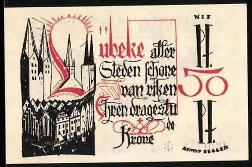 Notgeld Lübeck 1921, 50 Pf, Stadtansicht Lübeck und Adler mit Wappen, gültig bis 31. Dezember 1921