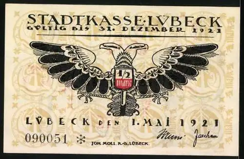 Notgeld Lübeck 1921, 50 Pf, Stadtansicht Lübeck und Adler mit Wappen, gültig bis 31. Dezember 1921