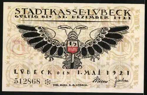 Notgeld Lübeck, 1921, 50 Pf, Stadtwappen und Schriftzüge, Adler und Stadtinformation, gültig bis 31. Dezember 1921