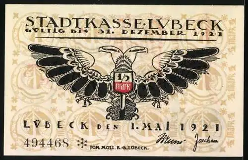 Notgeld Lübeck 1921, 50 Pf, Stadtwappen mit Doppeladler und gotischem Gebäude