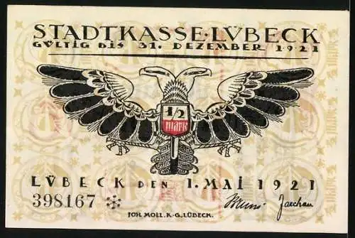 Notgeld Lübeck 1921, 50 Pfennig, Gotische Schrift und Stadttor, Adler mit Stadtwappen auf Rückseite