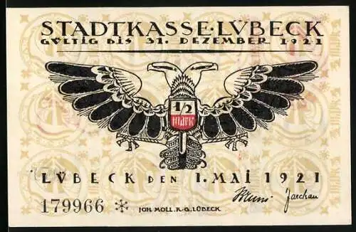 Notgeld Lübeck 1921, 1 /2 Mark, Vorderseite Adler und Rückseite gotische Schrift mit Grafik