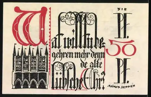 Notgeld Lübeck 1921, 1 /2 Mark, Vorderseite Adler und Rückseite gotische Schrift mit Grafik