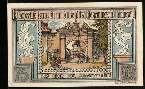 Notgeld Meiningen 1921, 75 Pfennig, Stadttor und Inschrift, Seriennummer 630141