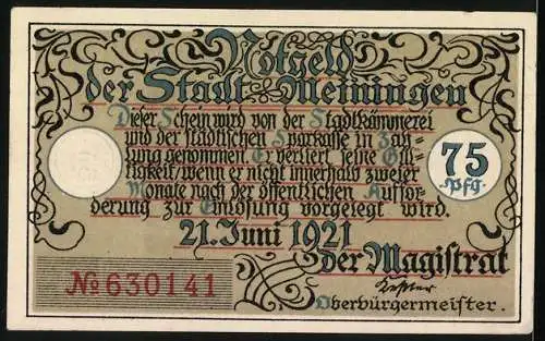 Notgeld Meiningen 1921, 75 Pfennig, Stadttor und Inschrift, Seriennummer 630141