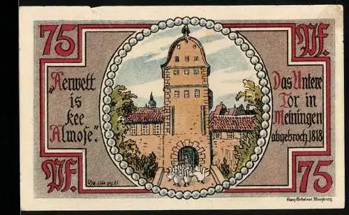 Notgeld Meiningen, 1921, 75 Pfennig, Das Innere Tor in Meiningen auf der Vorderseite und Text