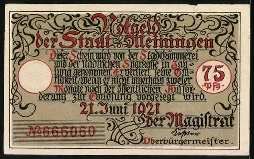 Notgeld Meiningen, 1921, 75 Pfennig, Das Innere Tor in Meiningen auf der Vorderseite und Text