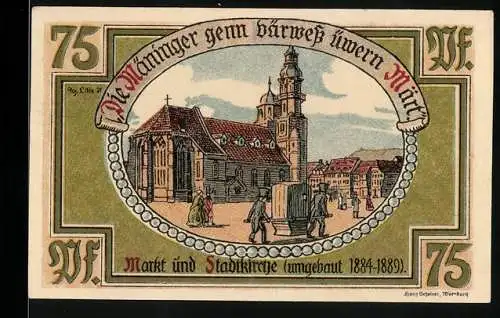 Notgeld Meiningen, 1921, 75 Pfennig, Markt und Stadtkirche (umgebaut 1884-1889)