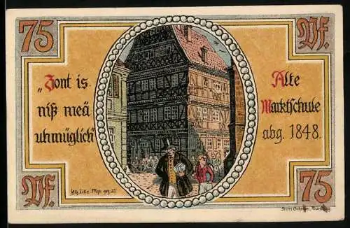 Notgeld Meiningen 1921, 75 Pfennig, Alte Marktschule Abg. 1848, Seriennummer 591161