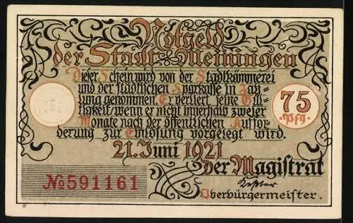 Notgeld Meiningen 1921, 75 Pfennig, Alte Marktschule Abg. 1848, Seriennummer 591161