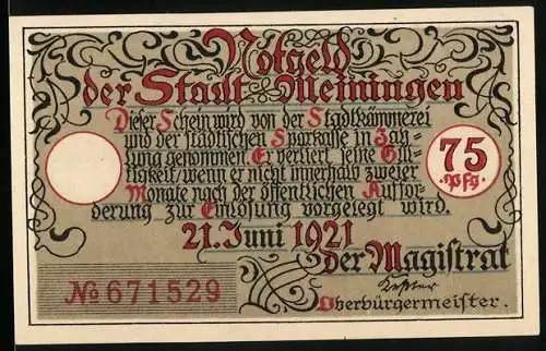 Notgeld Meiningen 1921, 75 Pfennig, Stadtkämmerei und Unteres Tor in Meiningen Abgebrochen 1818