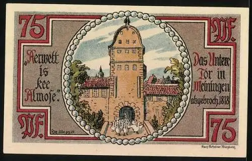 Notgeld Meiningen 1921, 75 Pfennig, Stadtkämmerei und Unteres Tor in Meiningen Abgebrochen 1818