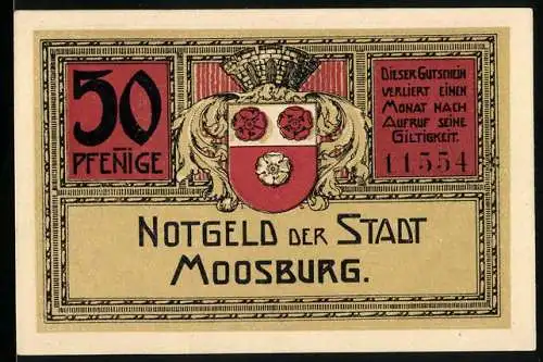 Notgeld Moosburg, 50 Pfennig, Stadtwappen und Stadtansicht, Gutschein gültig einen Monat nach Aufruf