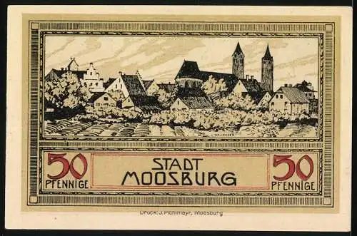 Notgeld Moosburg, 50 Pfennig, Stadtwappen und Stadtansicht, Gutschein gültig einen Monat nach Aufruf