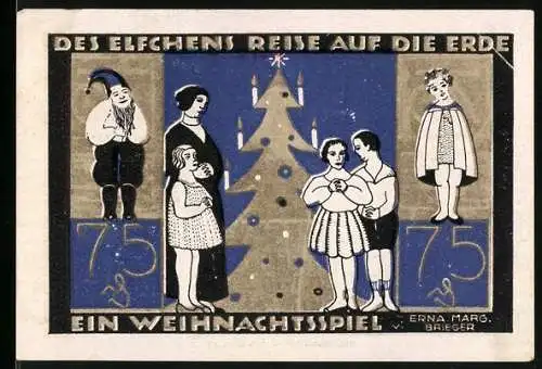 Notgeld Langeln 1921, 75 Pfennig, Des Elfchens Reise auf die Erde, Weihnachtsmotiv mit Weihnachtsbaum und Figuren