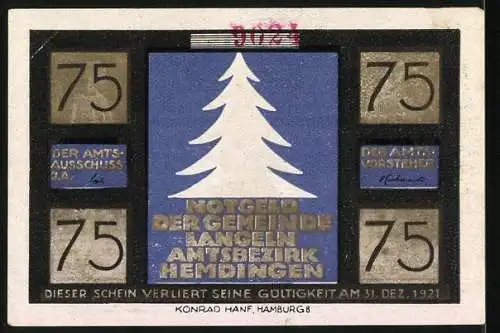 Notgeld Langeln 1921, 75 Pfennig, Des Elfchens Reise auf die Erde, Weihnachtsmotiv mit Weihnachtsbaum und Figuren