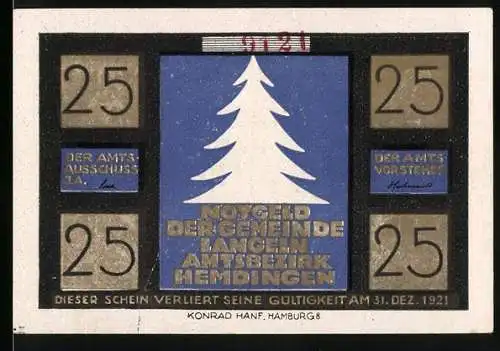 Notgeld Langeln 1921, 25 Pfennig, Weihnachtsmotiv mit Tannenbaum und Elfen