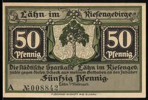 Notgeld Lähn im Riesengebirge, 50 Pfennig, Vorderseite Baum und Zahlen, Rückseite Burg Lehnhaus 1646 und Figuren