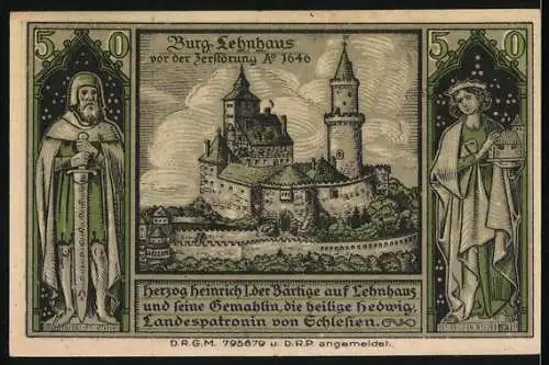 Notgeld Lähn im Riesengebirge, 50 Pfennig, Vorderseite Baum und Zahlen, Rückseite Burg Lehnhaus 1646 und Figuren