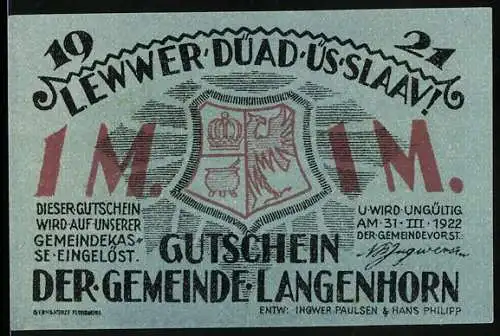 Notgeld Langenhorn, 1924, 1 Mark, Gutschein mit Wappen und ländlicher Szene