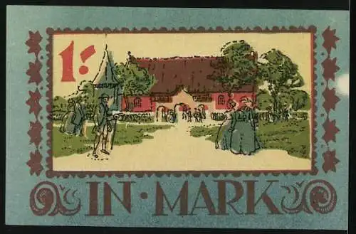 Notgeld Langenhorn, 1924, 1 Mark, Gutschein mit Wappen und ländlicher Szene