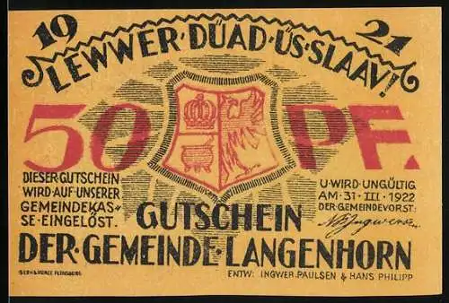 Notgeld Langenhorn 1921, 50 Pfennig, Gutschein der Gemeinde mit Landschaftsbild und plattdeutscher Inschrift