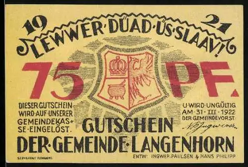 Notgeld Langenhorn 1921, 75 Pf, Gutschein der Gemeinde mit Wappen und Gebäudeillustration