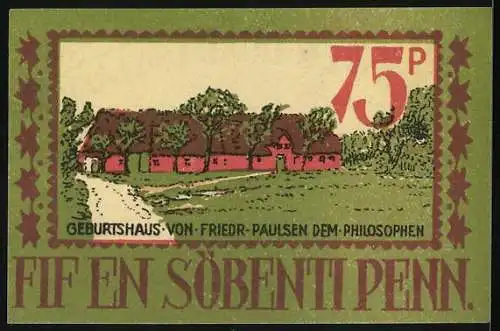 Notgeld Langenhorn 1921, 75 Pf, Gutschein der Gemeinde mit Wappen und Gebäudeillustration