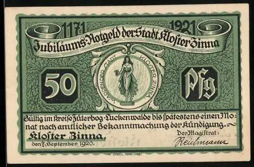 Notgeld Kloster Zinna, 1920, 50 Pfennig, Jubiläums-Notgeld mit Friedrich-Denkmal und Klosterdarstellung