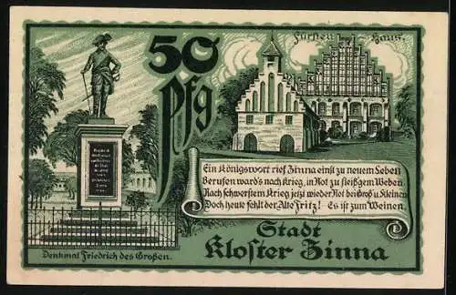 Notgeld Kloster Zinna, 1920, 50 Pfennig, Jubiläums-Notgeld mit Friedrich-Denkmal und Klosterdarstellung