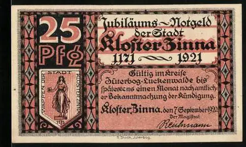 Notgeld Kloster Zinna, 1921, 25 Pfennig, Jubiläums-Notgeld der Stadt Kloster Zinna, Klosterkirche und Stadtwappen