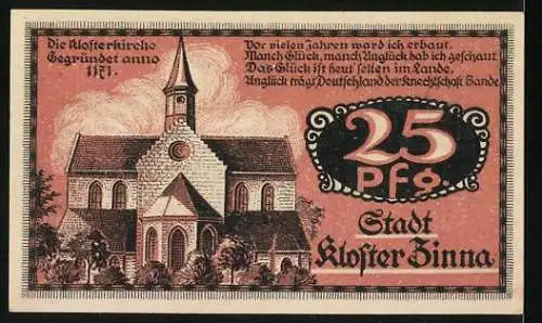 Notgeld Kloster Zinna, 1921, 25 Pfennig, Jubiläums-Notgeld der Stadt Kloster Zinna, Klosterkirche und Stadtwappen