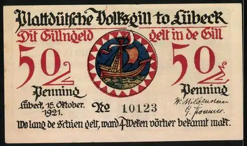 Notgeld Lübeck, 1921, 50 1 /2 Penning, Plattdeutsche Volkszill mit Schiff und Raadsdeener Schnüt