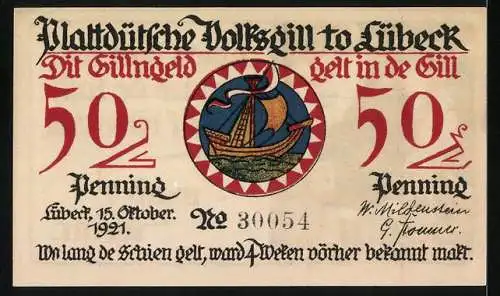 Notgeld Lübeck, 1921, 50 Penning, Plattdeutsche Volkszill mit Schiffsmotiv und Träger